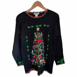 VTG Christmas Tree Bears Black Appliqué Beaded Ugly Sweater M Work In Progress